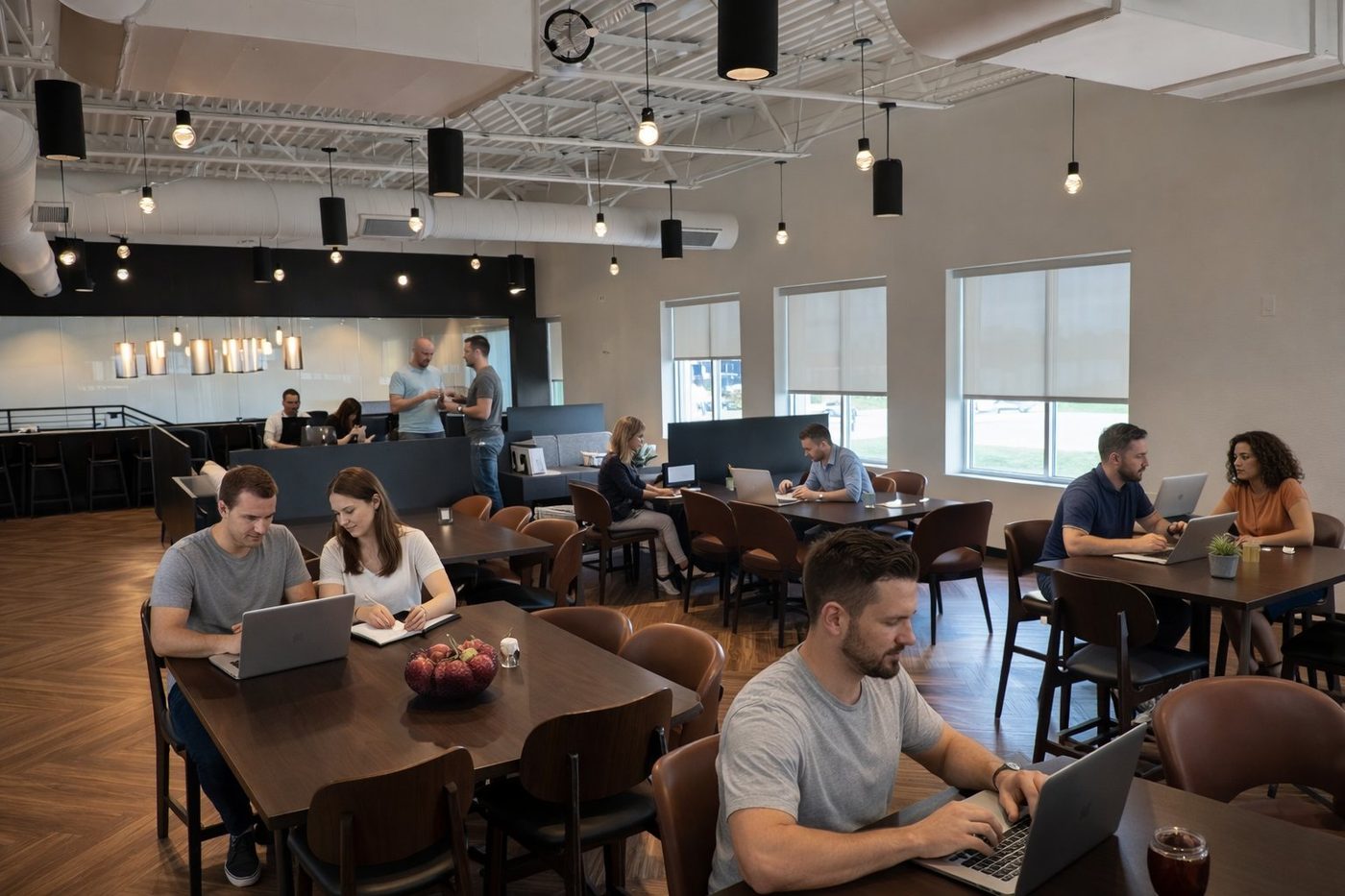 Revelance coworking members working throughout the second floor