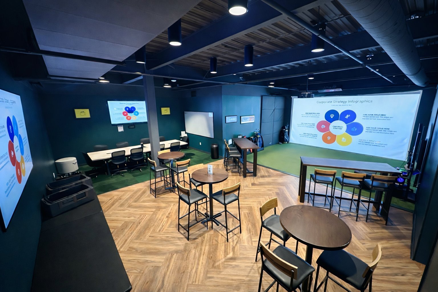 Emergency 9 full room with corporate presentation on simulator screen and conference seating at Revelance Mason Ohio