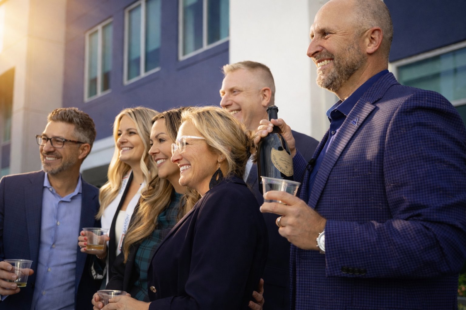 Guests celebrating at the Revelance Grand Opening with champagne, November 2024
